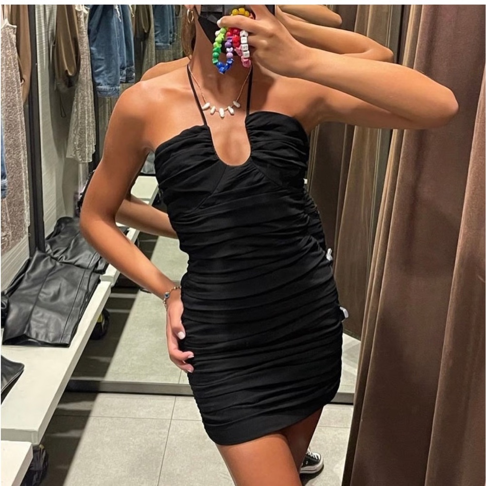 Zara Black Gathered rouched mini dress size small